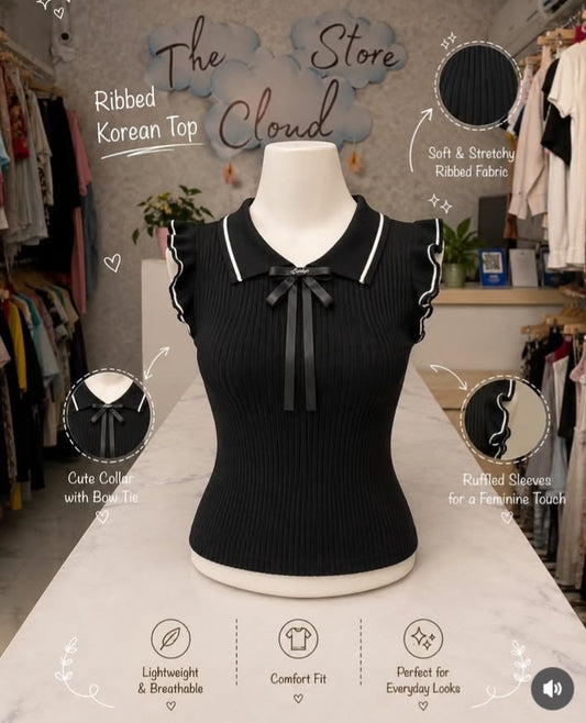 Black Solid Ribbed Knit Korean Top with Collar, Ruffled Sleeves & Bow Tie-Up
