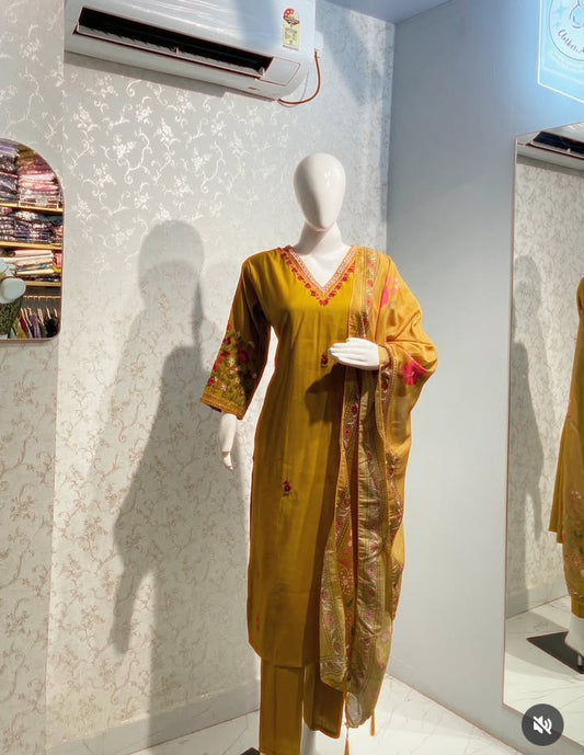 Mustard Yellow Embroidered 3-Piece Suit Set with Printed Dupatta