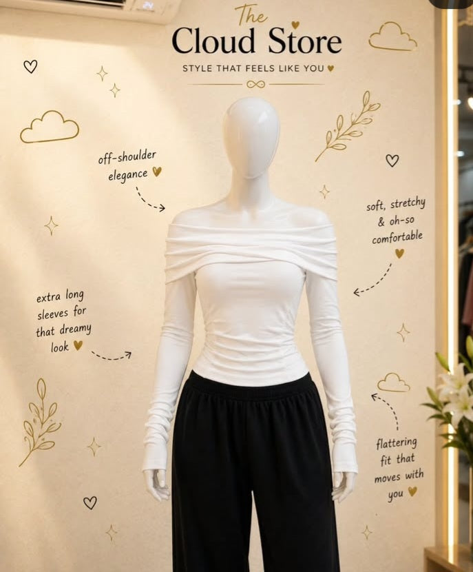 Over Off-Shoulder Fitted Top with Extra Long Ruched Sleeves