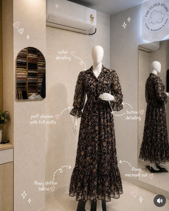 Floral Print Flowy Chiffon Long Dress