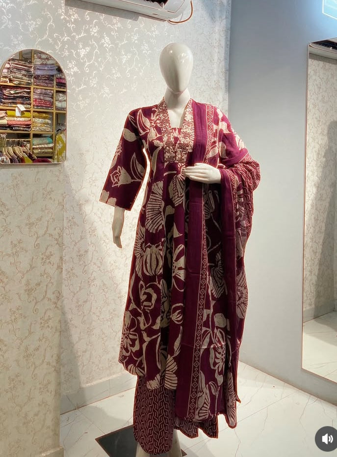 Floral Block-Print Frock Suit Set