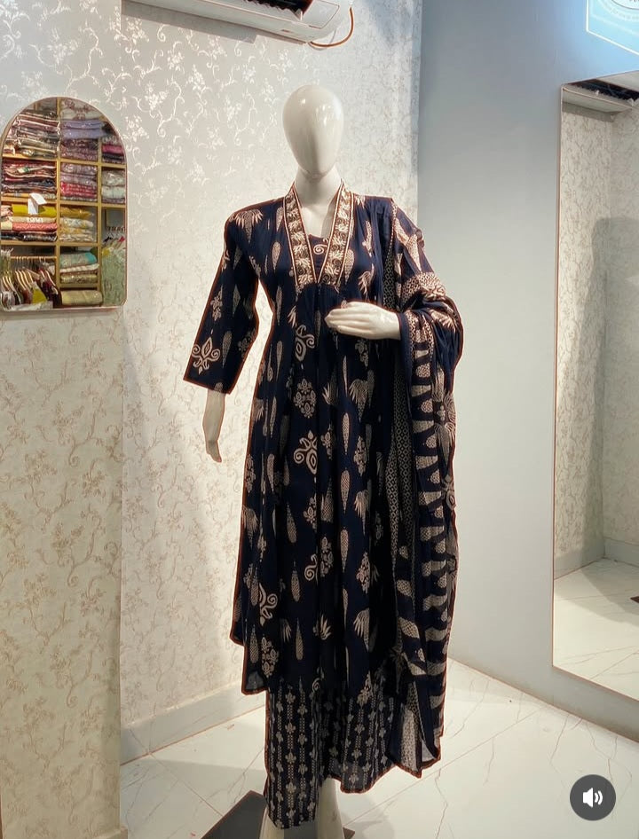 Floral Block-Print Frock Suit Set