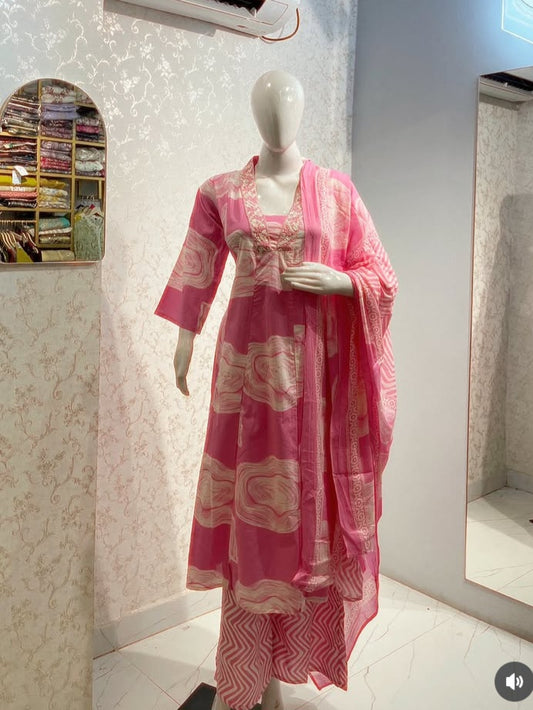 Floral Block-Print Frock Suit Set