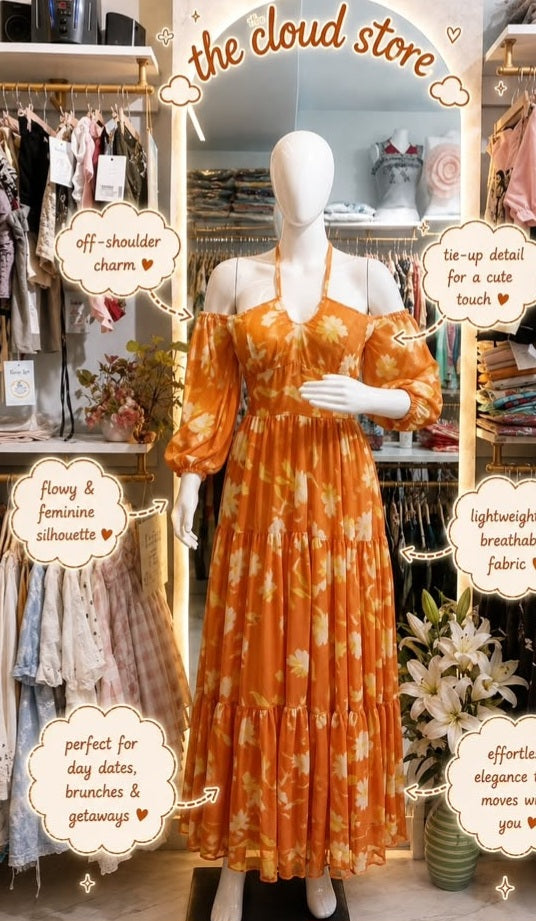 Printed Off-Shoulder Halter Neck Tiered Maxi Dress with Long Bishop Sleeves