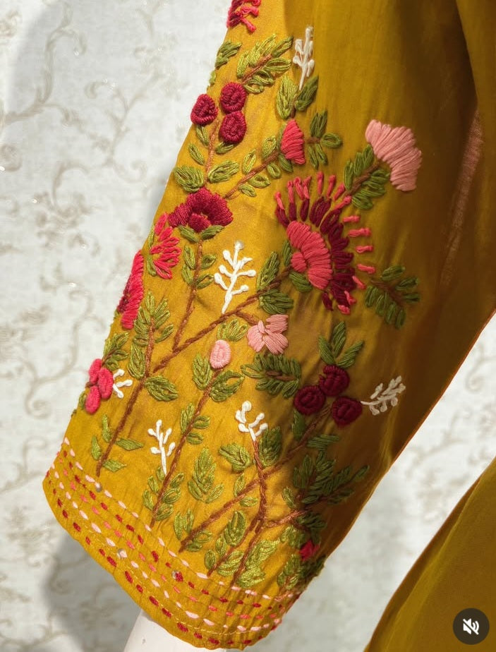 Mustard Yellow Embroidered 3-Piece Suit Set with Printed Dupatta