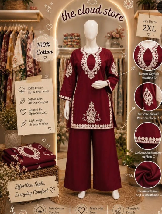 Pure Cotton Embroidered Keyhole Tunic with Flared Palazzos Co-Ord Set