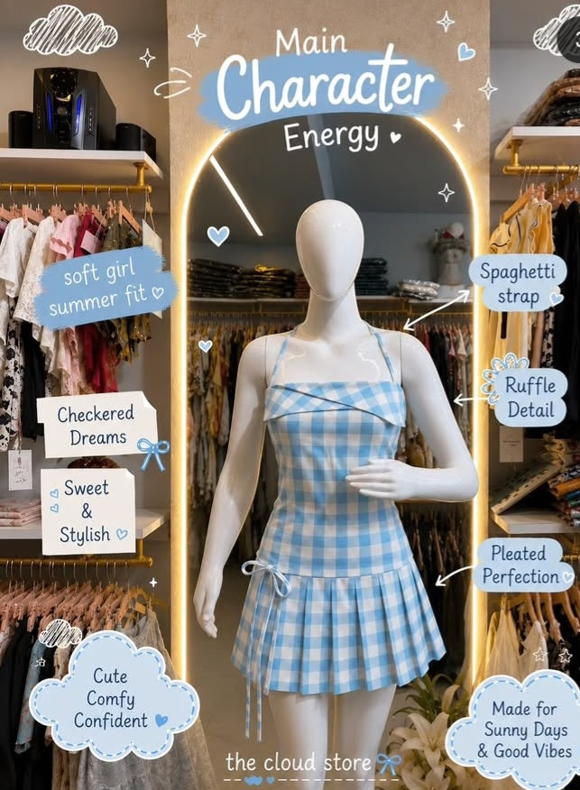 Checked Halter Neck Pleated Mini Dress with Folded Overlay & Side Tie-Up