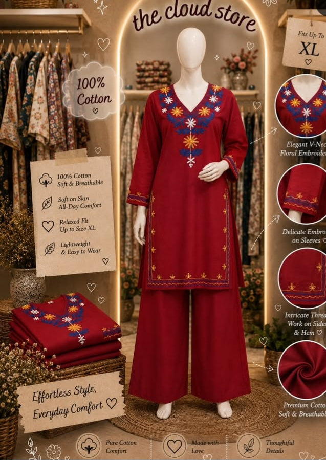 Women Ethnic Floral Embroidered V-Neck Kurta with Palazzos Co-Ord Set