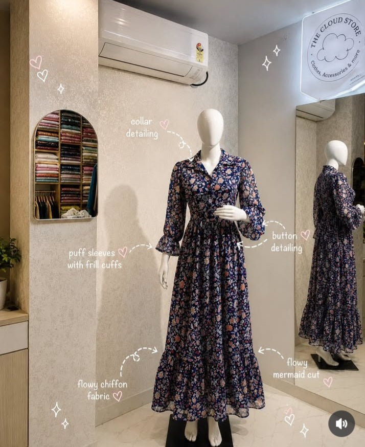 Floral Print Flowy Chiffon Long Dress