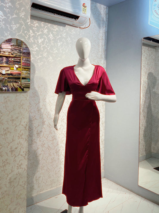 Red Satin Wrap-Style Midi Dress