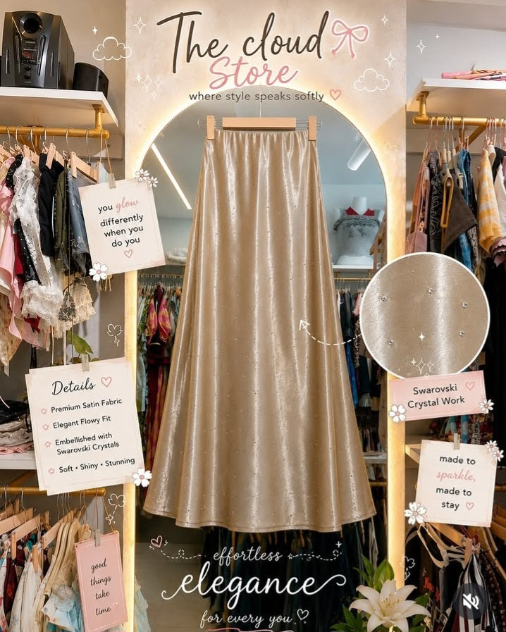 Crystal Embellished Satin Flowy Skirt