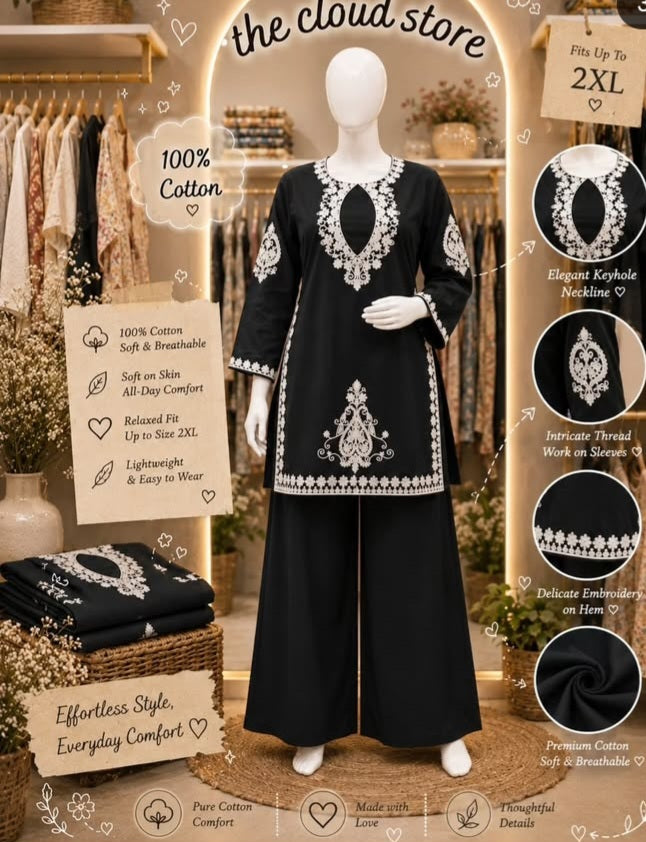 Pure Cotton Embroidered Keyhole Tunic with Flared Palazzos Co-Ord Set