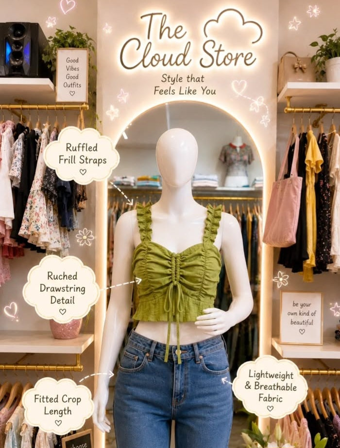 Front Drawstring Crop Top with Ruffled Frill Shoulder Straps
