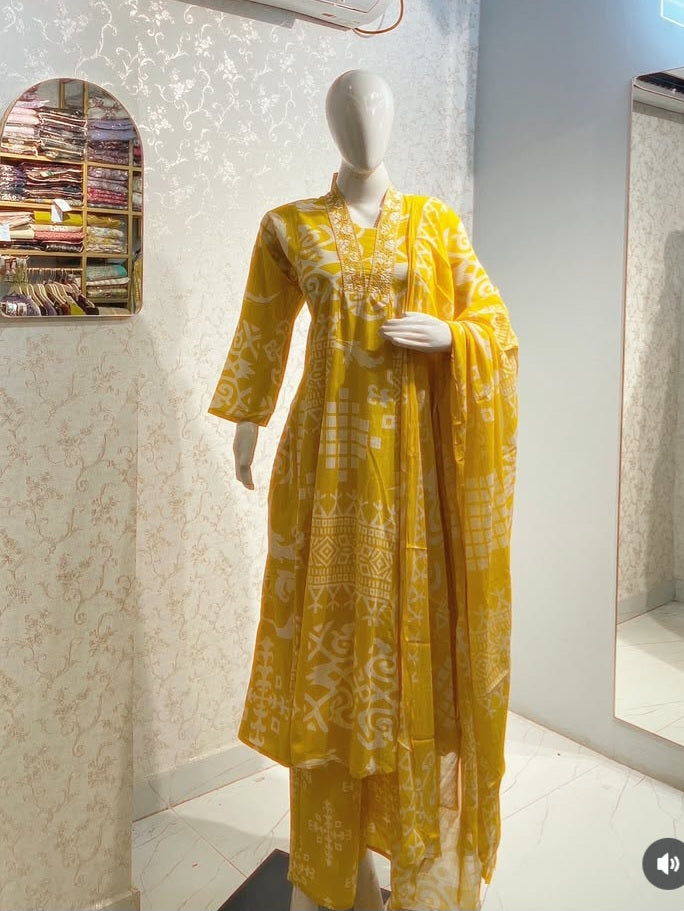 Floral Block-Print Frock Suit Set