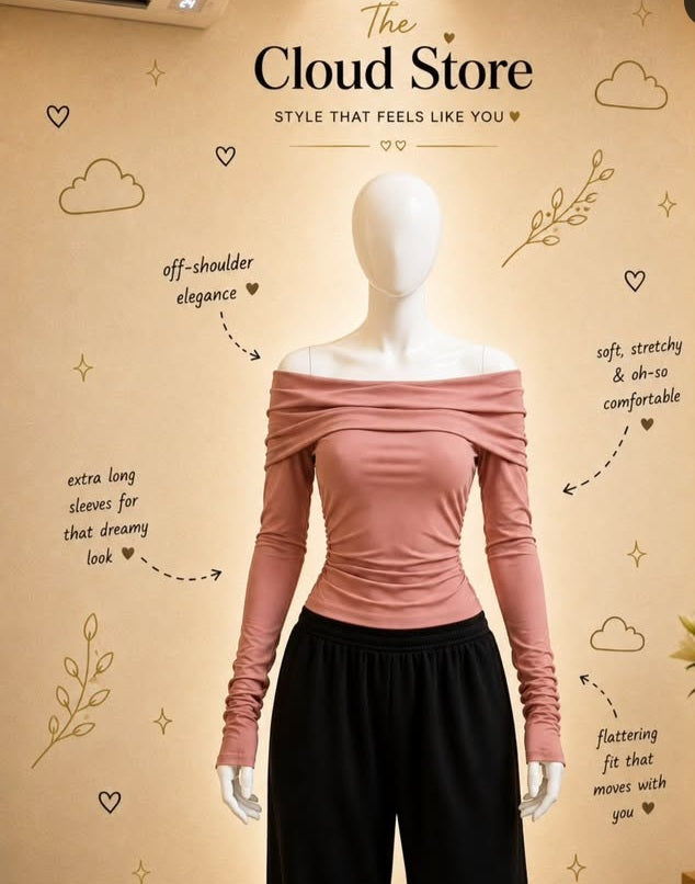 Over Off-Shoulder Fitted Top with Extra Long Ruched Sleeves